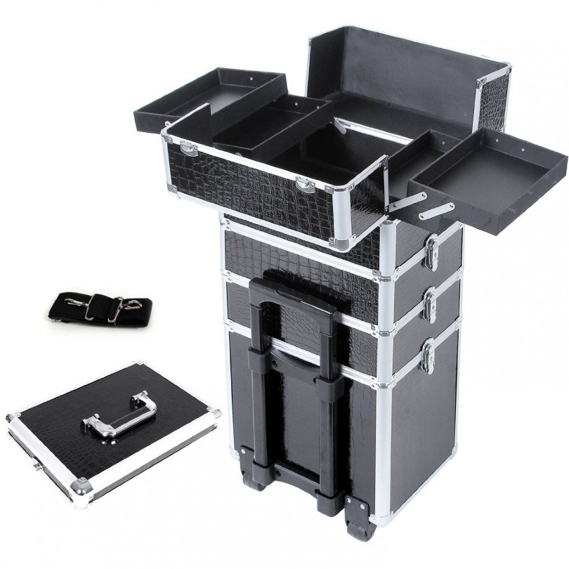 Valise Maquillage Professionnelle à Roulettes – 2 Grands Tiroirs, 35x23x57 Cm, Noir, Aluminium